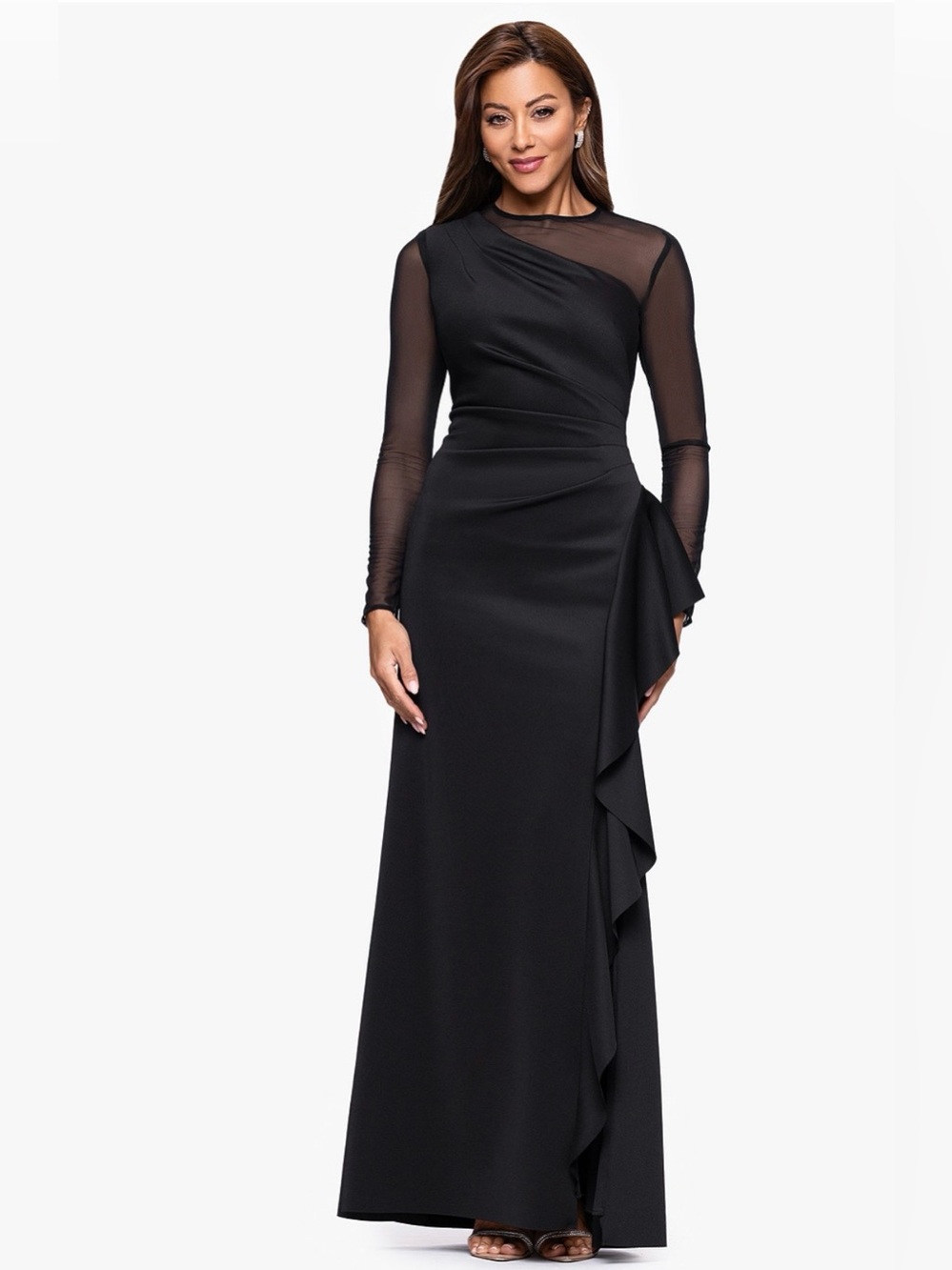 Xscape Black Mesh Long Sleeve Ruffled
Scuba Gown is Like New